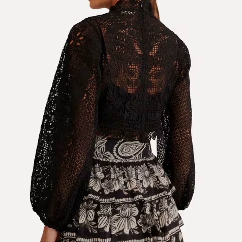 FARM Rio Black Guipure Lace Balloon sleeve, Blouse. EUC. No flaws. Womens Small - Picture 10 of 10